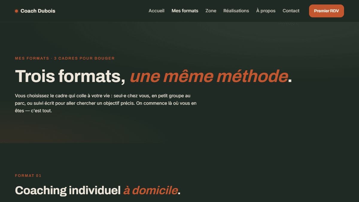 Page zone d'intervention du site Coach Dubois, quartiers et parcs couverts